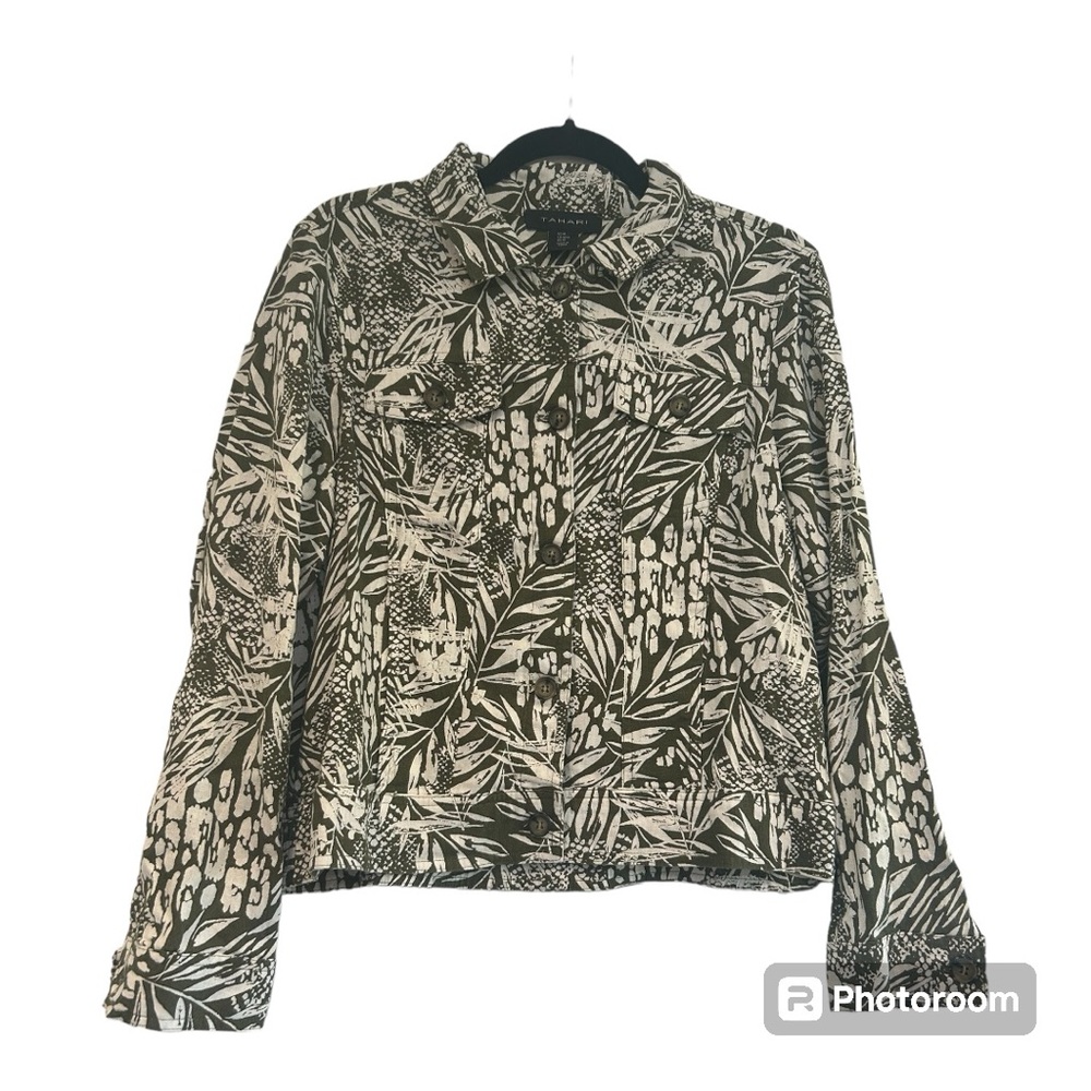 Tahari Green white Leaves linen blend button down long sleeve shirt jacket, sz M